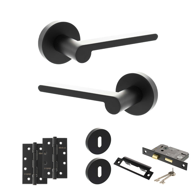 Quality image of Senza Pari Darrio Door Handle Pack (3 Lever Lock Set - 2.5" CE Sashlock, 4" Slim Knuckle Hinges x2) - Matt Black | Sku. adpspro218mb18 | available from Trade Door Handles.