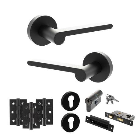 Quality image of Senza Pari Darrio Door Handle Pack (Euro Lock Set - 3" CE Sashlock, 3" Fire Rated Hinges x3) - Matt Black | Sku. adpspro218mb21 | available from Trade Door Handles.