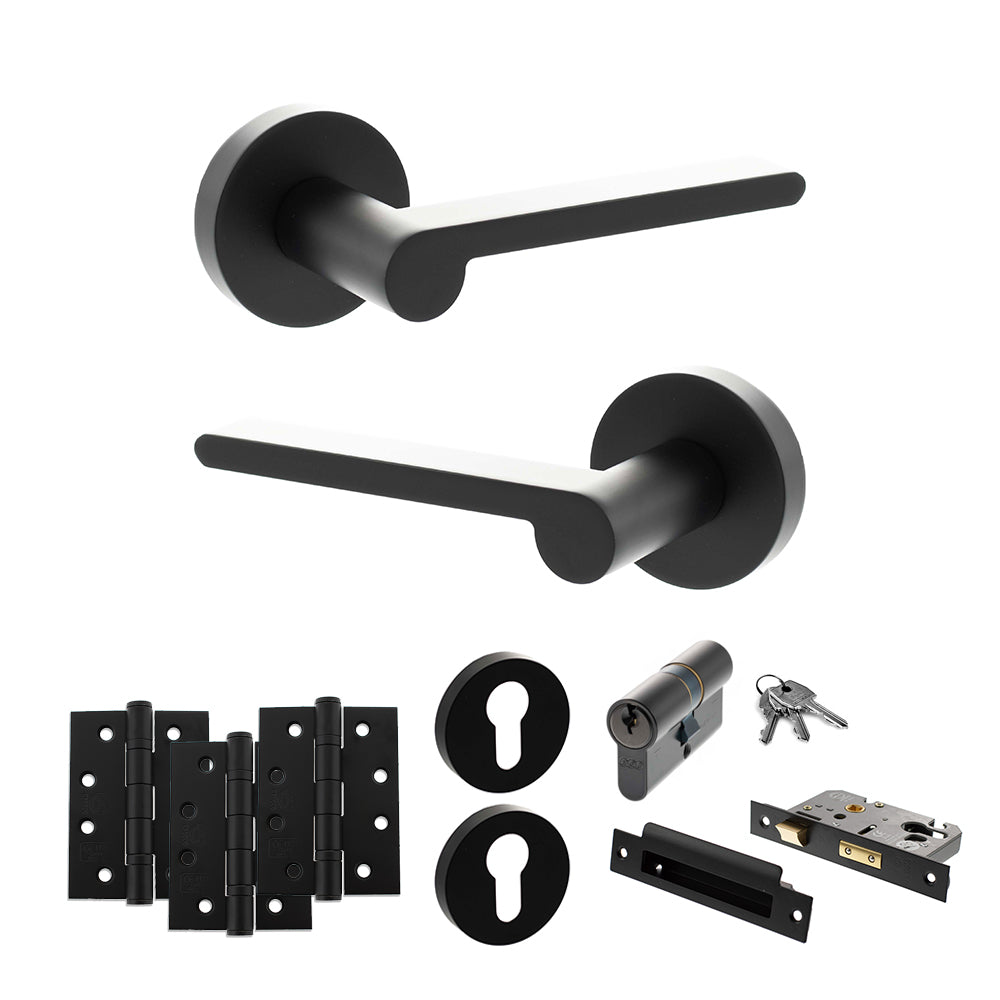 Quality image of Senza Pari Darrio Door Handle Pack (Euro Lock Set - 2.5" CE Sashlock, 4" Fire Rated Hinges x3) - Matt Black | Sku. adpspro218mb22 | available from Trade Door Handles.
