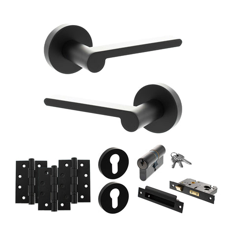 Quality image of Senza Pari Darrio Door Handle Pack (Euro Lock Set - 3" CE Sashlock, 4" Fire Rated Hinges x3) - Matt Black | Sku. adpspro218mb23 | available from Trade Door Handles.