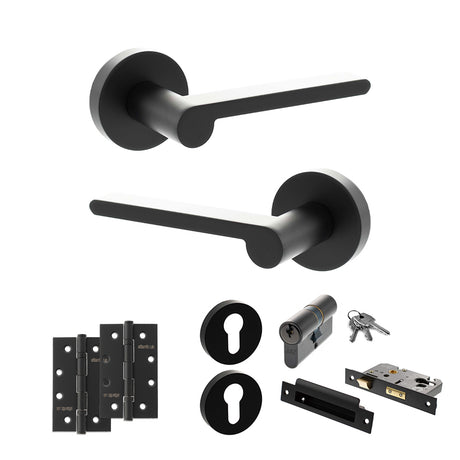 Quality image of Senza Pari Darrio Door Handle Pack (Euro Lock Set - 2.5" CE Sashlock, 4" Slim Knuckle Hinges x2) - Matt Black | Sku. adpspro218mb24 | available from Trade Door Handles.