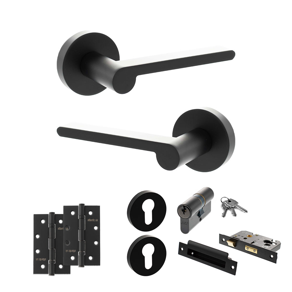 Quality image of Senza Pari Darrio Door Handle Pack (Euro Lock Set - 3" CE Sashlock, 4" Slim Knuckle Hinges x2) - Matt Black | Sku. adpspro218mb25 | available from Trade Door Handles.