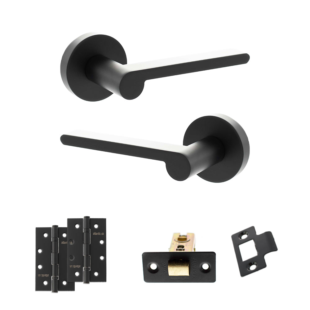Quality image of Senza Pari Darrio Door Handle Pack (Latch Set - 2.5" CE Latch, 4" Slim Knuckle Hinges x2) - Matt Black | Sku. adpspro218mb5 | available from Trade Door Handles.