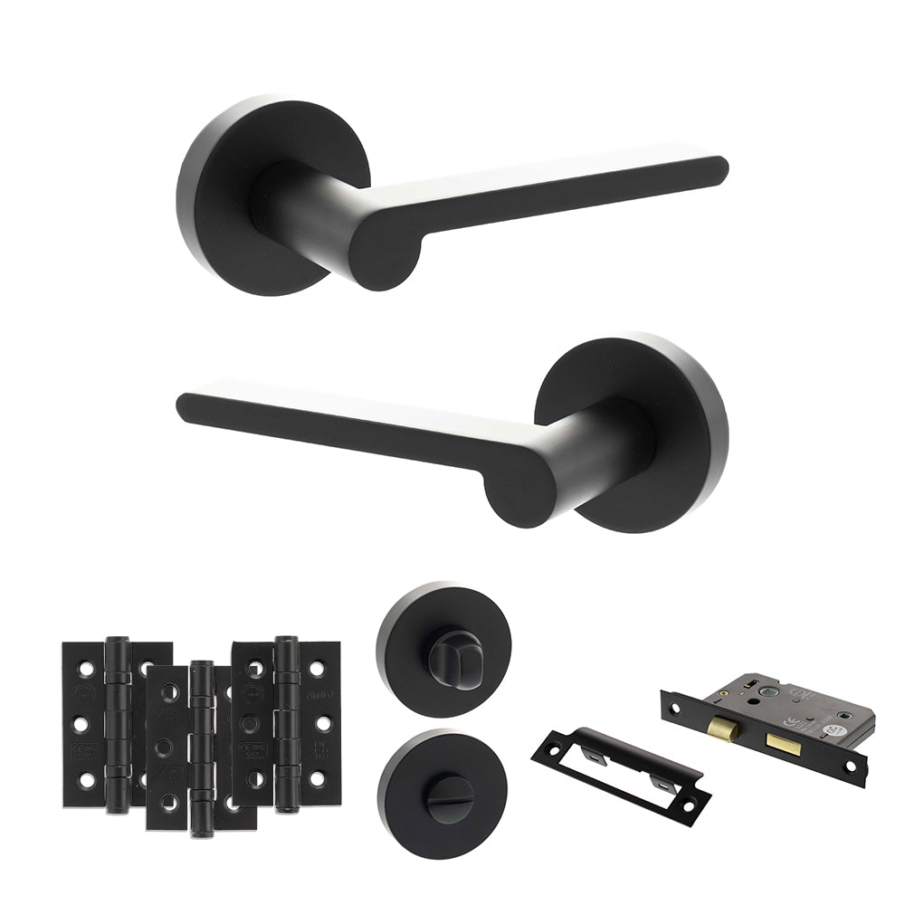 Quality image of Senza Pari Darrio Door Handle Pack (Bathroom Set - 2.5" CE Bathroom Lock, 3" Fire Rated Hinges x3) - Matt Black | Sku. adpspro218mb8 | available from Trade Door Handles.