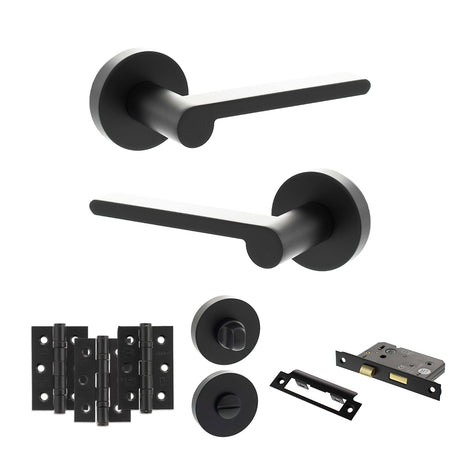 Quality image of Senza Pari Darrio Door Handle Pack (Bathroom Set - 2.5" CE Bathroom Lock, 3" Fire Rated Hinges x3) - Matt Black | Sku. adpspro218mb8 | available from Trade Door Handles.