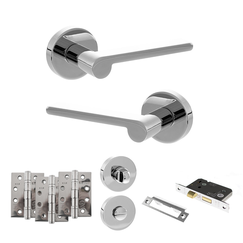 Quality image of Senza Pari Darrio Door Handle Pack (Bathroom Set - 3" CE Bathroom Lock, 4" Fire Rated Hinges x3) - Polished Chrome | Sku. adpspro218pc11 | available from Trade Door Handles.