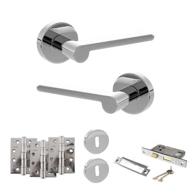 Quality image of Senza Pari Darrio Door Handle Pack (3 Lever Lock Set - 2.5" CE Sashlock, 4" Fire Rated Hinges x3) - Polished Chrome | Sku. adpspro218pc16 | available from Trade Door Handles.