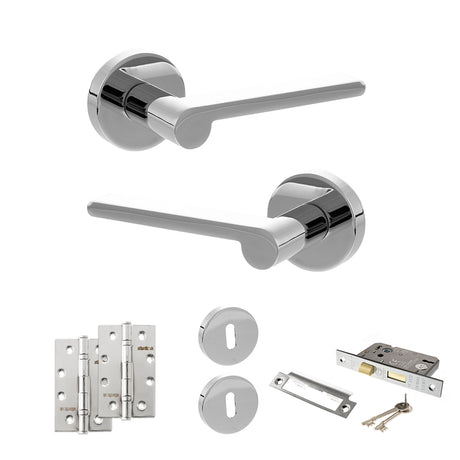 Quality image of Senza Pari Darrio Door Handle Pack (3 Lever Lock Set - 2.5" CE Sashlock, 4" Slim Knuckle Hinges x2) - Polished Chrome | Sku. adpspro218pc18 | available from Trade Door Handles.