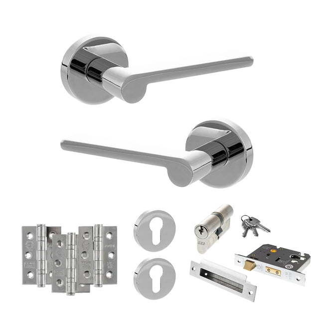Quality image of Senza Pari Darrio Door Handle Pack (Euro Lock Set - 2.5" CE Sashlock, 3" Fire Rated Hinges x3) - Polished Chrome | Sku. adpspro218pc20 | available from Trade Door Handles.