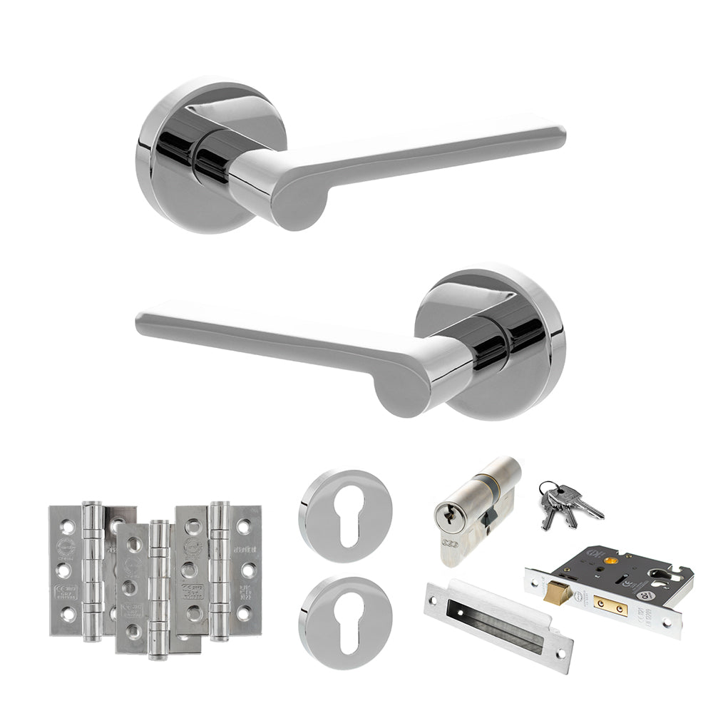 Quality image of Senza Pari Darrio Door Handle Pack (Euro Lock Set - 3" CE Sashlock, 3" Fire Rated Hinges x3) - Polished Chrome | Sku. adpspro218pc21 | available from Trade Door Handles.