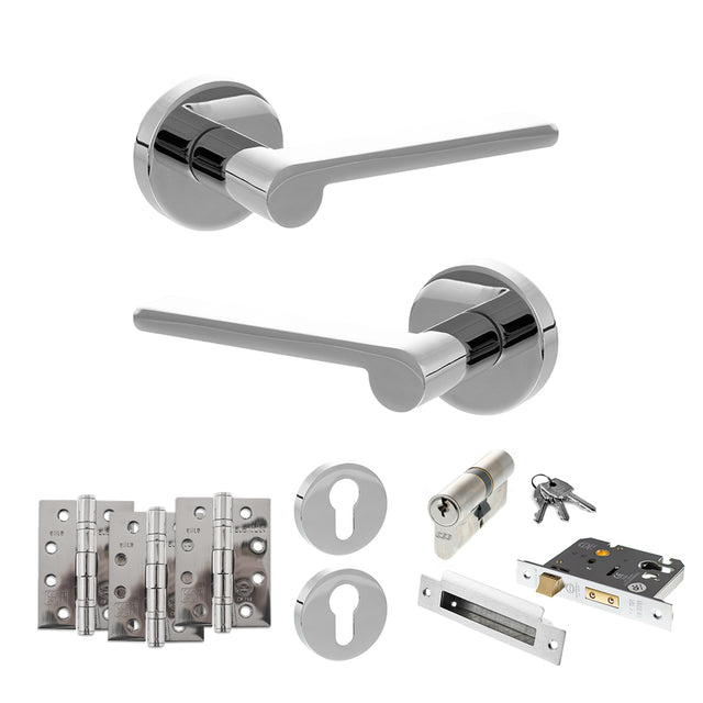 Quality image of Senza Pari Darrio Door Handle Pack (Euro Lock Set - 3" CE Sashlock, 4" Fire Rated Hinges x3) - Polished Chrome | Sku. adpspro218pc23 | available from Trade Door Handles.