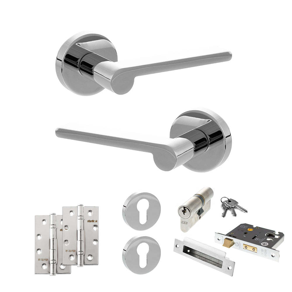 Quality image of Senza Pari Darrio Door Handle Pack (Euro Lock Set - 3" CE Sashlock, 4" Slim Knuckle Hinges x2) - Polished Chrome | Sku. adpspro218pc25 | available from Trade Door Handles.