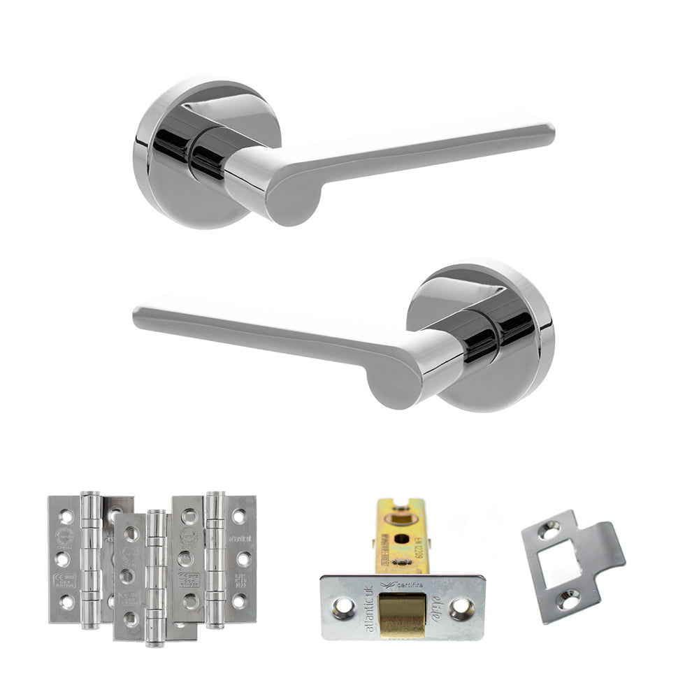 Quality image of Senza Pari Darrio Door Handle Pack (Latch Set - 3" CE Latch, 3" Fire Rated Hinges x3) - Polished Chrome | Sku. adpspro218pc2 | available from Trade Door Handles.