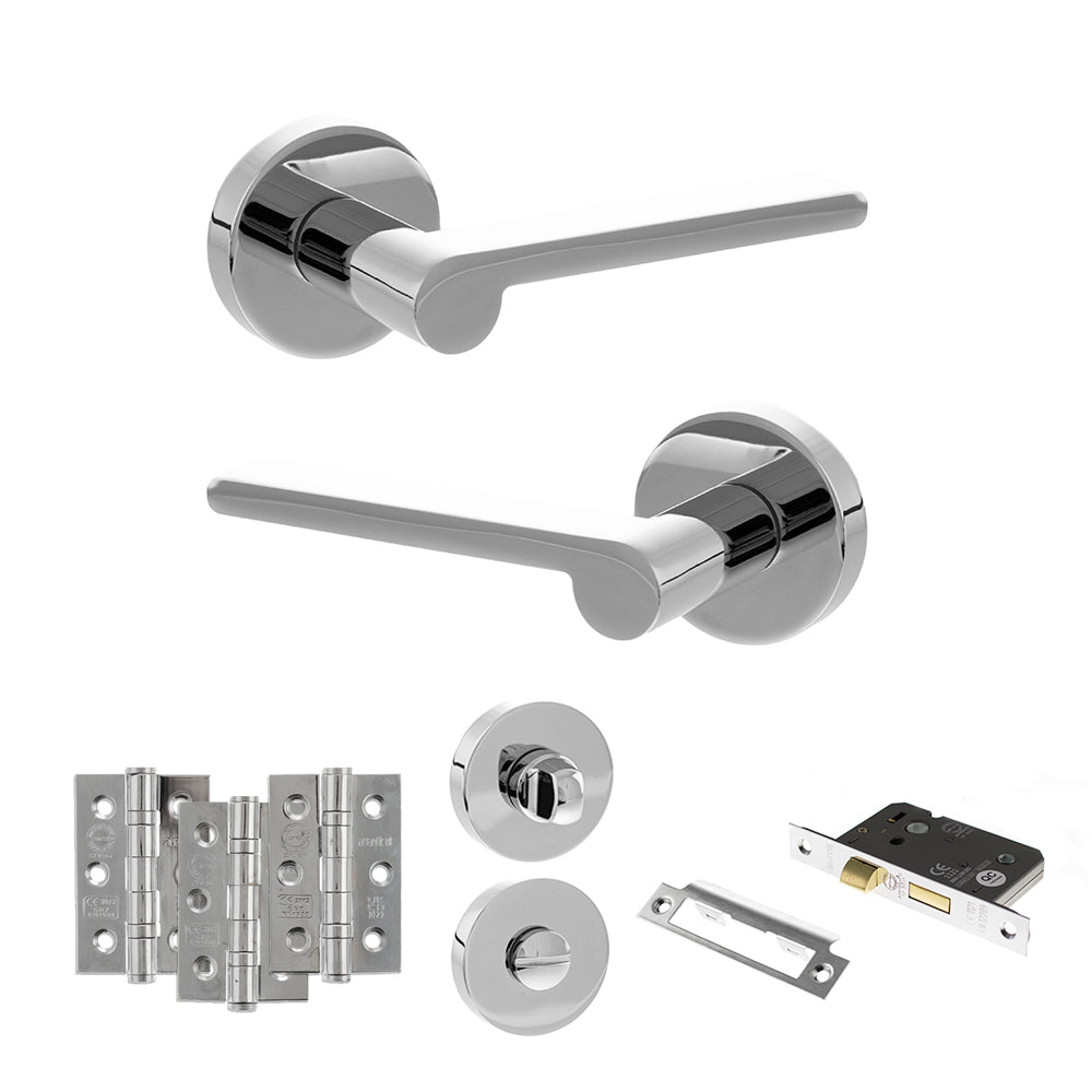 Quality image of Senza Pari Darrio Door Handle Pack (Bathroom Set - 2.5" CE Bathroom Lock, 3" Fire Rated Hinges x3) - Polished Chrome | Sku. adpspro218pc8 | available from Trade Door Handles.