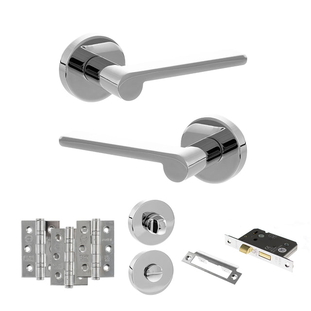 Quality image of Senza Pari Darrio Door Handle Pack (Bathroom Set - 3" CE Bathroom Lock, 3" Fire Rated Hinges x3) - Polished Chrome | Sku. adpspro218pc9 | available from Trade Door Handles.
