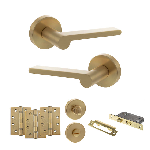 Quality image of Senza Pari Darrio Door Handle Pack (Bathroom Set - 2.5" CE Bathroom Lock, 4" Fire Rated Hinges x3) - Satin Brass | Sku. adpspro218sb10 | available from Trade Door Handles.