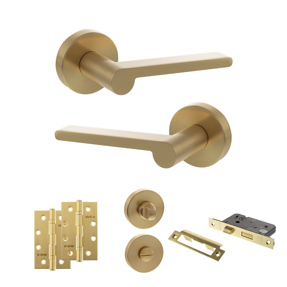 Quality image of Senza Pari Darrio Door Handle Pack (Bathroom Set - 2.5" CE Bathroom Lock, 4" Slim Knuckle Hinges x2) - Satin Brass | Sku. adpspro218sb12 | available from Trade Door Handles.
