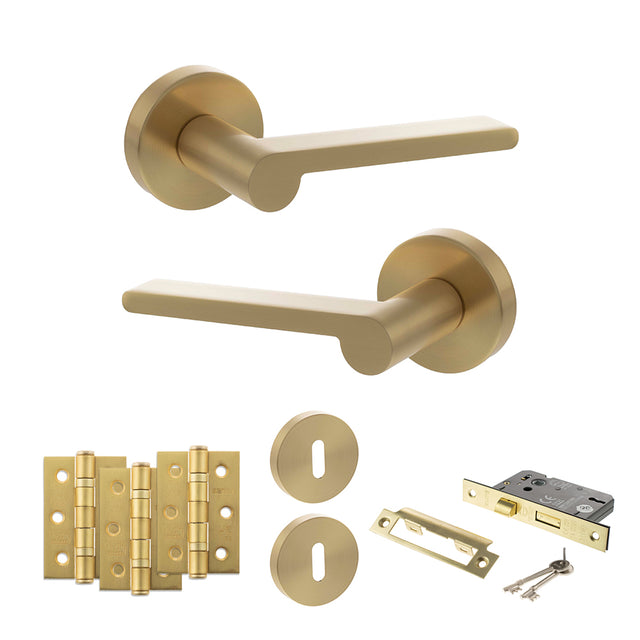 Quality image of Senza Pari Darrio Door Handle Pack (3 Lever Lock Set - 3" CE Sashlock, 3" Fire Rated Hinges x3) - Satin Brass | Sku. adpspro218sb15 | available from Trade Door Handles.