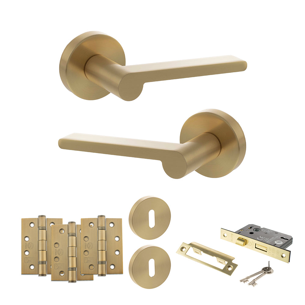 Quality image of Senza Pari Darrio Door Handle Pack (3 Lever Lock Set - 3" CE Sashlock, 4" Fire Rated Hinges x3) - Satin Brass | Sku. adpspro218sb17 | available from Trade Door Handles.