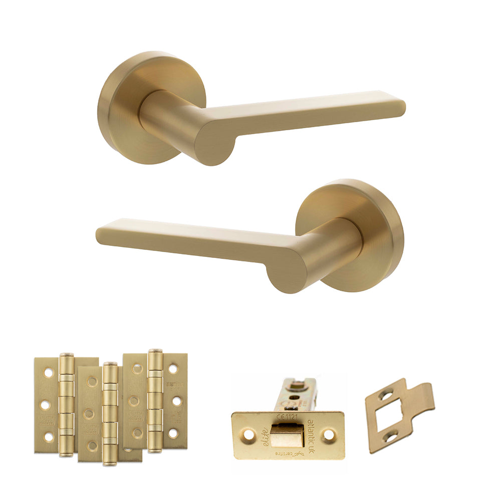 Quality image of Senza Pari Darrio Door Handle Pack (Latch Set - 2.5" CE Latch, 3" Fire Rated Hinges x3) - Satin Brass | Sku. adpspro218sb1 | available from Trade Door Handles.
