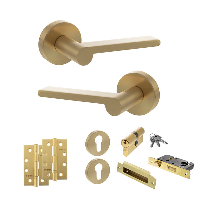Quality image of Senza Pari Darrio Door Handle Pack (Euro Lock Set - 2.5" CE Sashlock, 4" Slim Knuckle Hinges x2) - Satin Brass | Sku. adpspro218sb24 | available from Trade Door Handles.