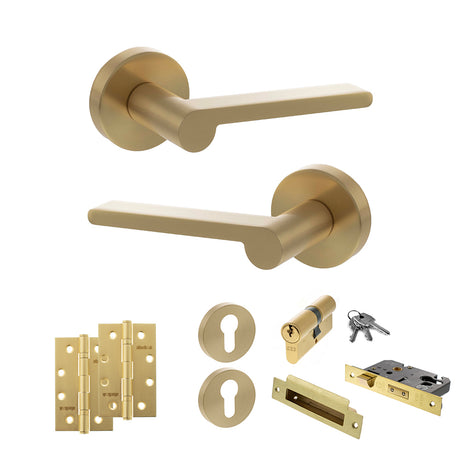 Quality image of Senza Pari Darrio Door Handle Pack (Euro Lock Set - 3" CE Sashlock, 4" Slim Knuckle Hinges x2) - Satin Brass | Sku. adpspro218sb25 | available from Trade Door Handles.