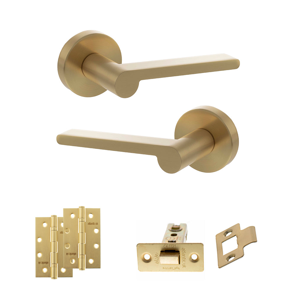 Quality image of Senza Pari Darrio Door Handle Pack (Latch Set - 2.5" CE Latch, 4" Slim Knuckle Hinges x2) - Satin Brass | Sku. adpspro218sb5 | available from Trade Door Handles.