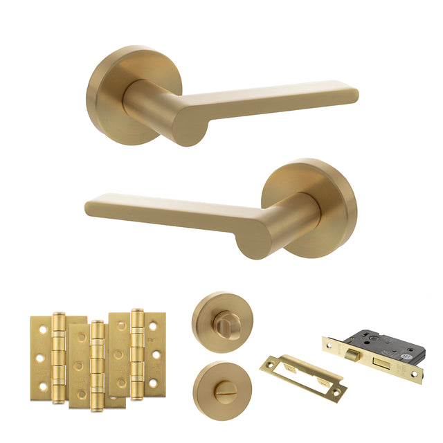 Quality image of Senza Pari Darrio Door Handle Pack (Bathroom Set - 3" CE Bathroom Lock, 3" Fire Rated Hinges x3) - Satin Brass | Sku. adpspro218sb9 | available from Trade Door Handles.