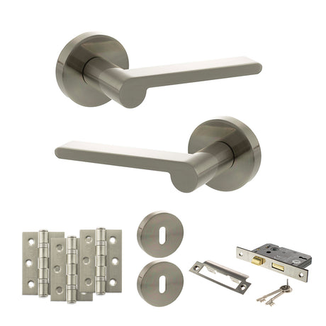 Quality image of Senza Pari Darrio Door Handle Pack (3 Lever Lock Set - 3" CE Sashlock, 3" Fire Rated Hinges x3) - Satin Nickel | Sku. adpspro218sn15 | available from Trade Door Handles.