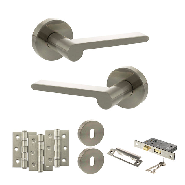 Quality image of Senza Pari Darrio Door Handle Pack (3 Lever Lock Set - 3" CE Sashlock, 3" Fire Rated Hinges x3) - Satin Nickel | Sku. adpspro218sn15 | available from Trade Door Handles.