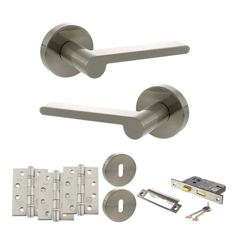 Quality image of Senza Pari Darrio Door Handle Pack (3 Lever Lock Set - 2.5" CE Sashlock, 4" Fire Rated Hinges x3) - Satin Nickel | Sku. adpspro218sn16 | available from Trade Door Handles.