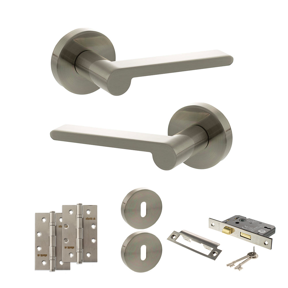Quality image of Senza Pari Darrio Door Handle Pack (3 Lever Lock Set - 3" CE Sashlock, 4" Slim Knuckle Hinges x2) - Satin Nickel | Sku. adpspro218sn19 | available from Trade Door Handles.