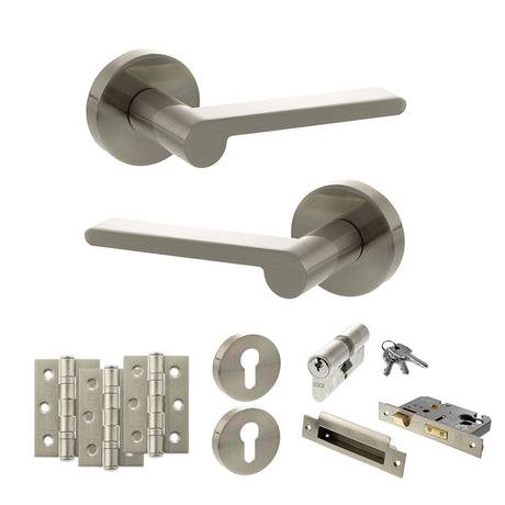 Quality image of Senza Pari Darrio Door Handle Pack (Euro Lock Set - 2.5" CE Sashlock, 3" Fire Rated Hinges x3) - Satin Nickel | Sku. adpspro218sn20 | available from Trade Door Handles.