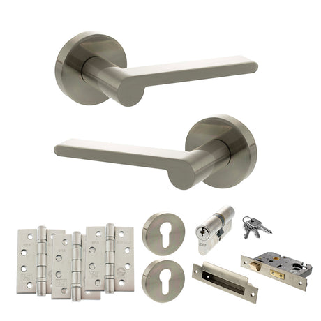 Quality image of Senza Pari Darrio Door Handle Pack (Euro Lock Set - 2.5" CE Sashlock, 4" Fire Rated Hinges x3) - Satin Nickel | Sku. adpspro218sn22 | available from Trade Door Handles.