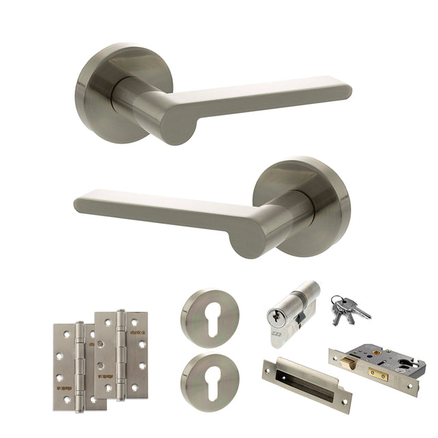 Quality image of Senza Pari Darrio Door Handle Pack (Euro Lock Set - 2.5" CE Sashlock, 4" Slim Knuckle Hinges x2) - Satin Nickel | Sku. adpspro218sn24 | available from Trade Door Handles.