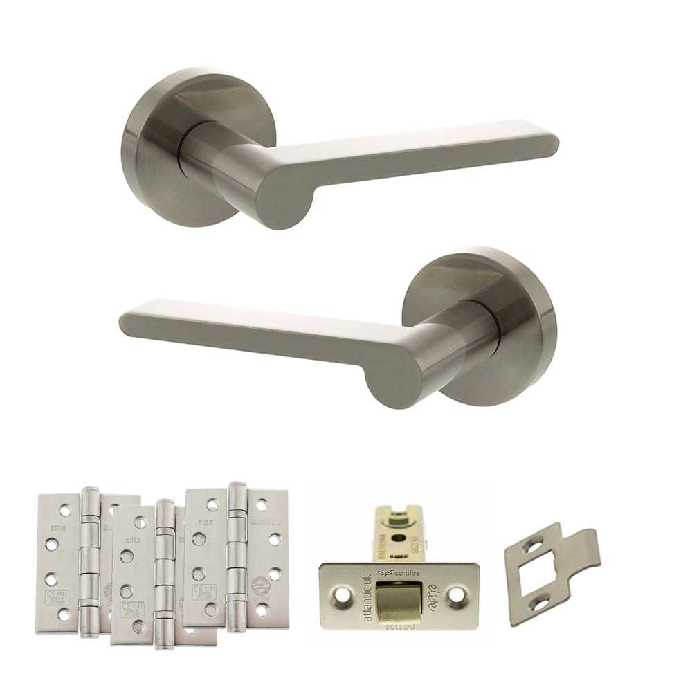Quality image of Senza Pari Darrio Door Handle Pack (Latch Set - 2.5" CE Latch, 4" Fire Rated Hinges x3) - Satin Nickel | Sku. adpspro218sn3 | available from Trade Door Handles.