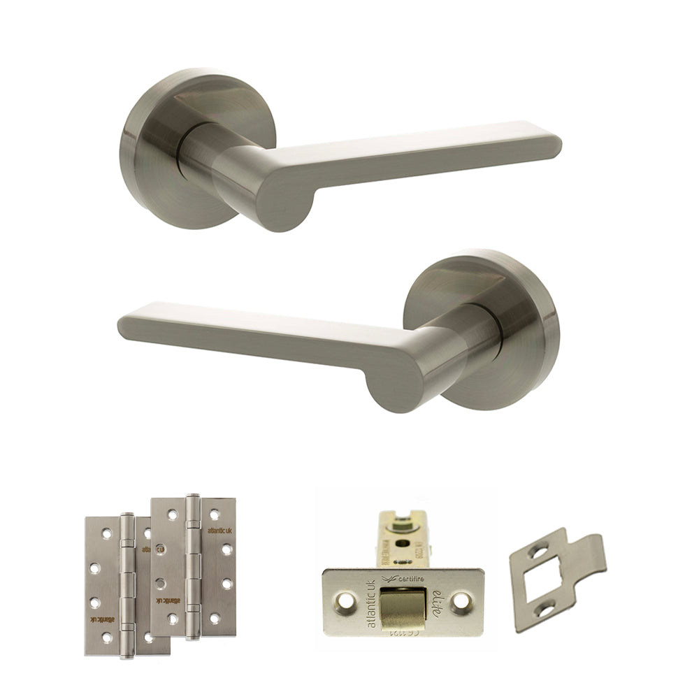 Quality image of Senza Pari Darrio Door Handle Pack (Latch Set - 2.5" CE Latch, 4" Slim Knuckle Hinges x2) - Satin Nickel | Sku. adpspro218sn5 | available from Trade Door Handles.