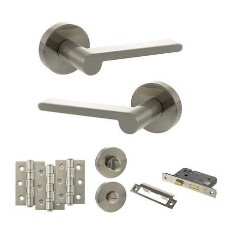 Quality image of Senza Pari Darrio Door Handle Pack (Bathroom Set - 2.5" CE Bathroom Lock, 3" Fire Rated Hinges x3) - Satin Nickel | Sku. adpspro218sn8 | available from Trade Door Handles.