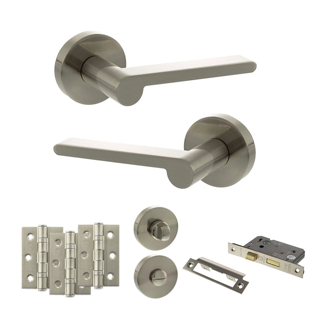 Quality image of Senza Pari Darrio Door Handle Pack (Bathroom Set - 2.5" CE Bathroom Lock, 3" Fire Rated Hinges x3) - Satin Nickel | Sku. adpspro218sn8 | available from Trade Door Handles.