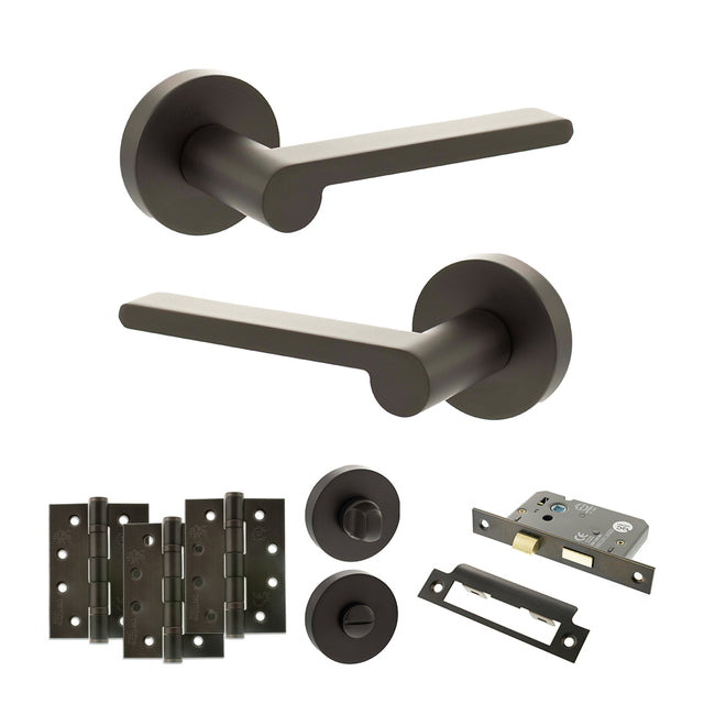 Quality image of Senza Pari Darrio Door Handle Pack (Bathroom Set - 2.5" CE Bathroom Lock, 4" Fire Rated Hinges x3) - Urban Dark Bronze | Sku. adpspro218udb10 | available from Trade Door Handles.