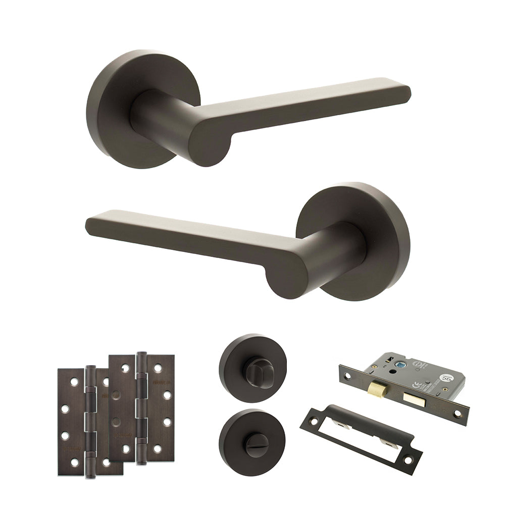 Quality image of Senza Pari Darrio Door Handle Pack (Bathroom Set - 2.5" CE Bathroom Lock, 4" Slim Knuckle Hinges x2) - Urban Dark Bronze | Sku. adpspro218udb12 | available from Trade Door Handles.
