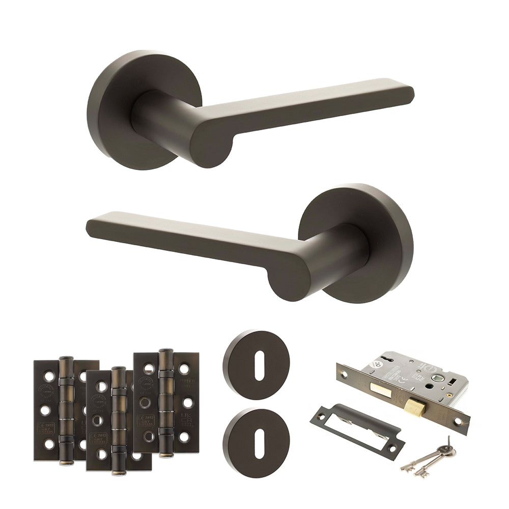 Quality image of Senza Pari Darrio Door Handle Pack (3 Lever Lock Set - 2.5" CE Sashlock, 3" Fire Rated Hinges x3) - Urban Dark Bronze | Sku. adpspro218udb14 | available from Trade Door Handles.