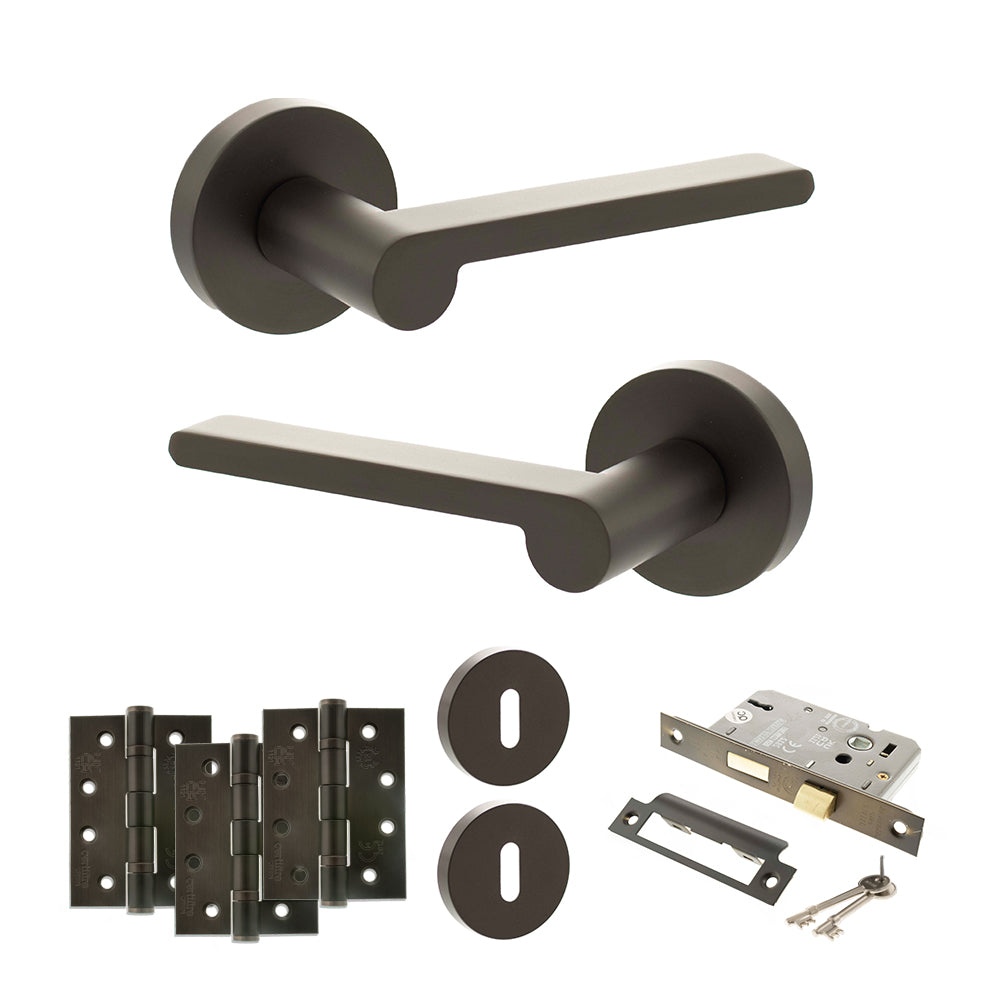 Quality image of Senza Pari Darrio Door Handle Pack (3 Lever Lock Set - 3" CE Sashlock, 4" Fire Rated Hinges x3) - Urban Dark Bronze | Sku. adpspro218udb17 | available from Trade Door Handles.