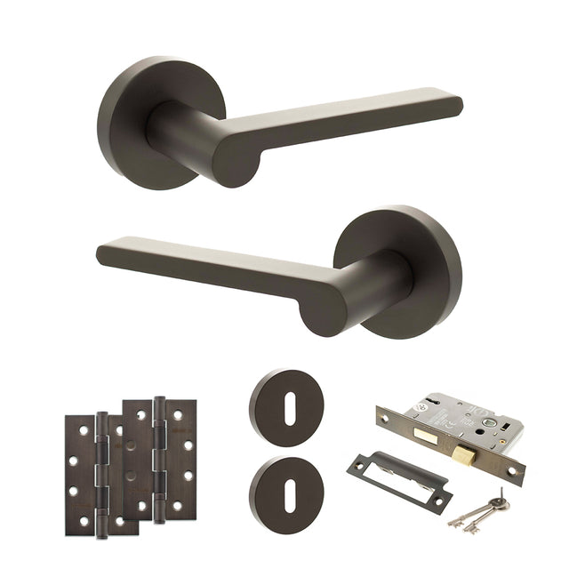Quality image of Senza Pari Darrio Door Handle Pack (3 Lever Lock Set - 3" CE Sashlock, 4" Slim Knuckle Hinges x2) - Urban Dark Bronze | Sku. adpspro218udb19 | available from Trade Door Handles.