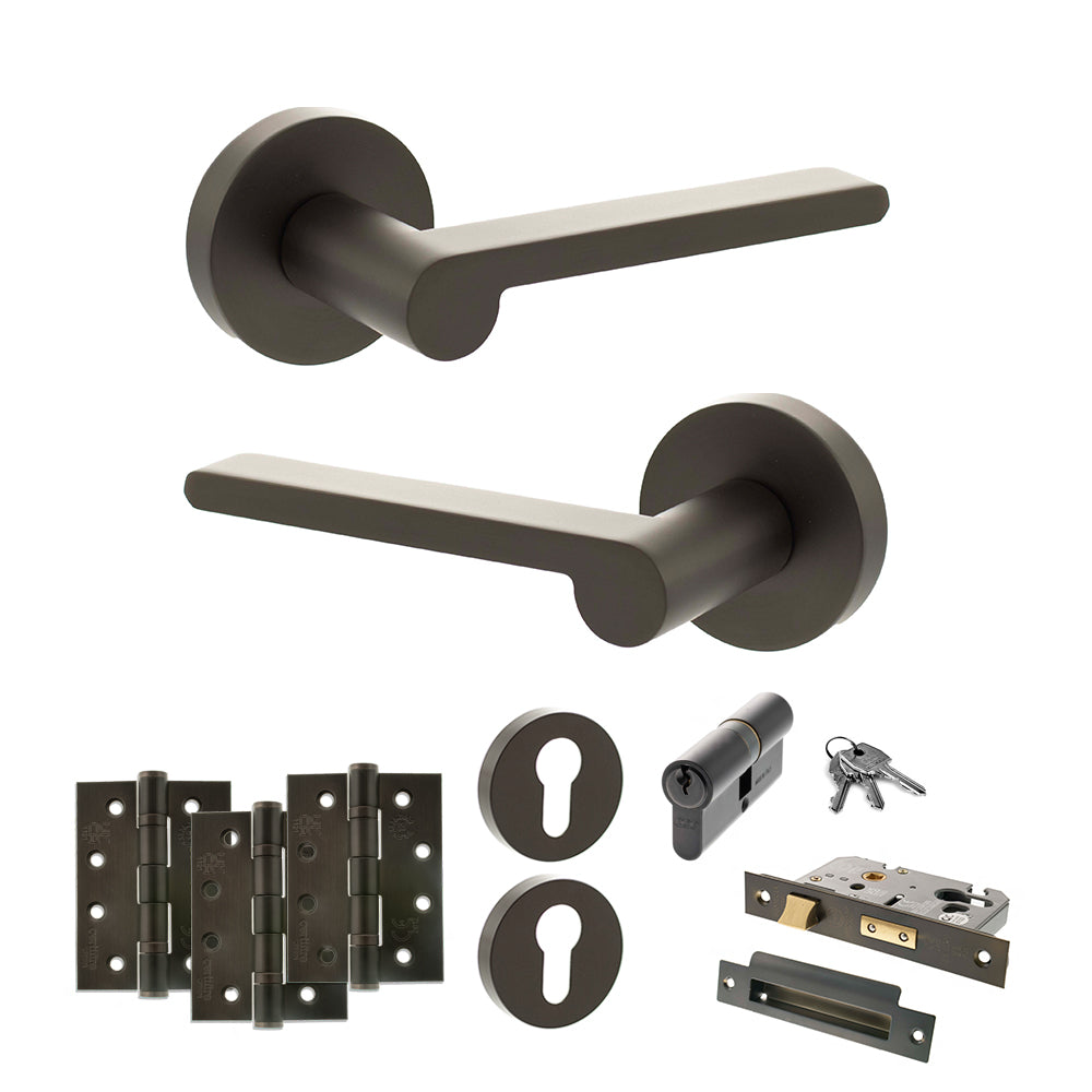 Quality image of Senza Pari Darrio Door Handle Pack (Euro Lock Set - 3" CE Sashlock, 4" Fire Rated Hinges x3) - Urban Dark Bronze | Sku. adpspro218udb23 | available from Trade Door Handles.