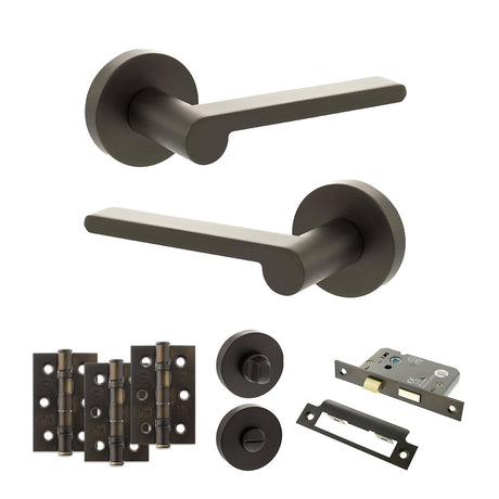 Quality image of Senza Pari Darrio Door Handle Pack (Bathroom Set - 2.5" CE Bathroom Lock, 3" Fire Rated Hinges x3) - Urban Dark Bronze | Sku. adpspro218udb8 | available from Trade Door Handles.