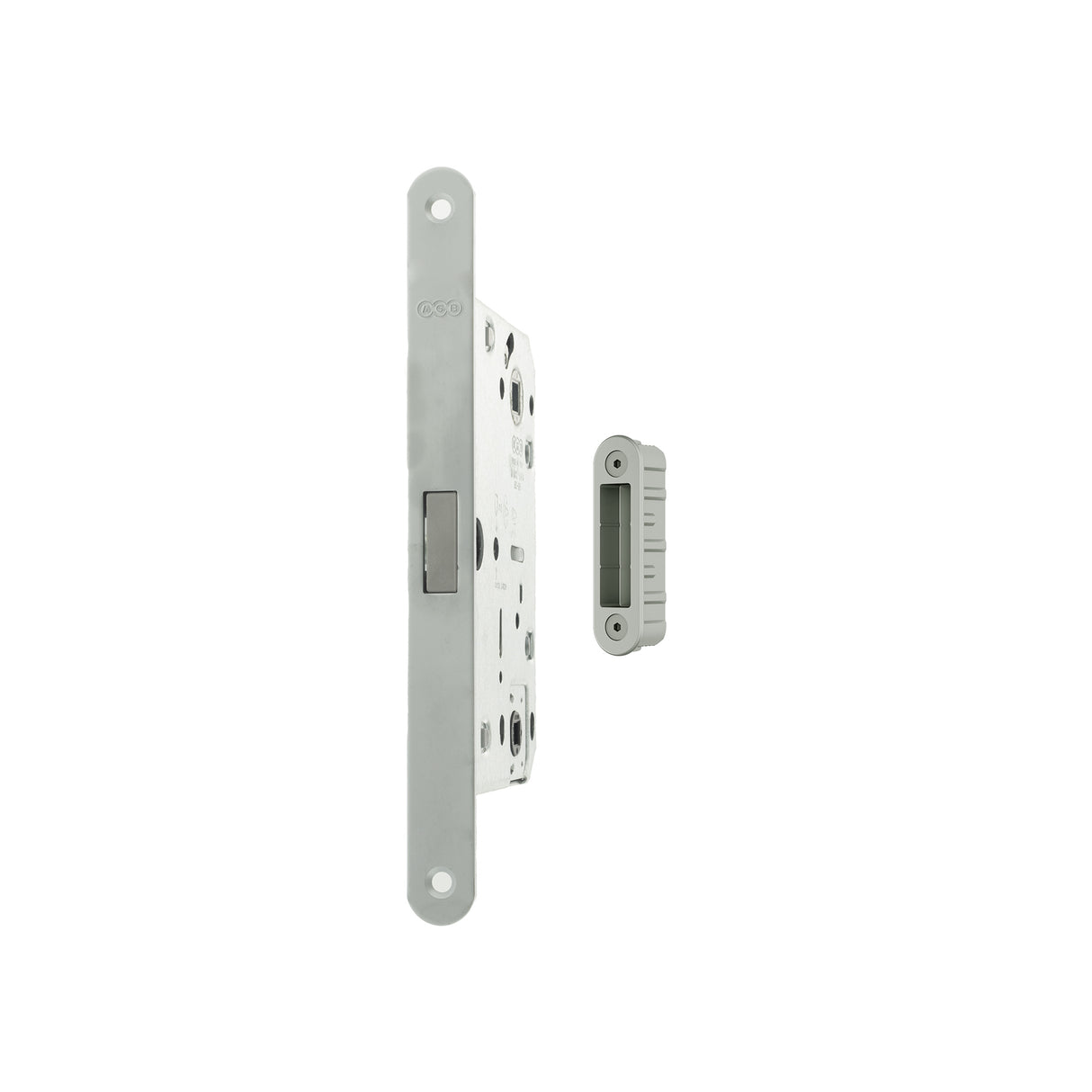 Quality image of AGB Polaris 2XT Magnetic Bathroom Lock 60mm backset with strike plates for ALU doors - Satin Chrome | Sku. agb2xtwcsc-alu | available from Trade Door Handles.