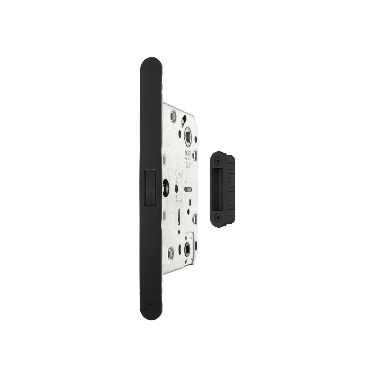 Quality image of AGB Revolution XT Magnetic Bathroom Lock 60mm backset with strike plates for ALU doors - Matt Black | Sku. agbmlwcmb-alu | available from Trade Door Handles.