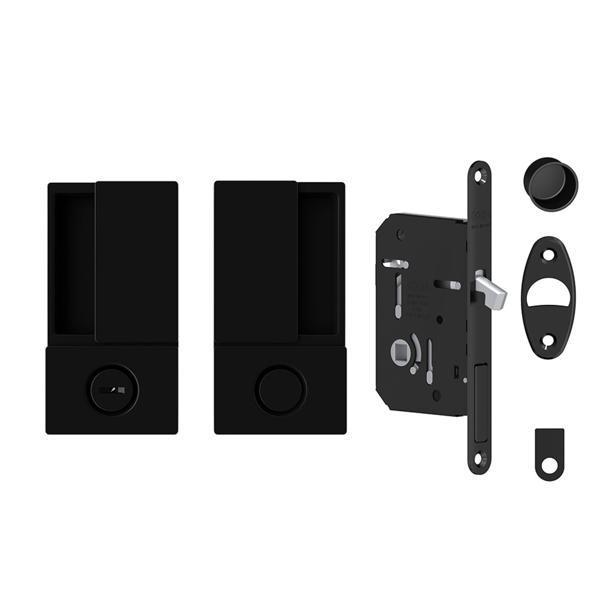 Quality image of AGB Wave Flush Pocket Door Handle & Bathroom Lock Set - Matt Black | Sku. agbwbpdmb | available from Trade Door Handles.