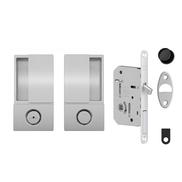 Quality image of AGB Wave Flush Pocket Door Handle & Bathroom Lock Set - Satin Chrome | Sku. agbwbpdsc | available from Trade Door Handles.